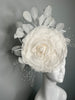 Oversized White Rose Fascinator with Feathers and Pearl Sprays Couture Derby or Wedding Headpiece