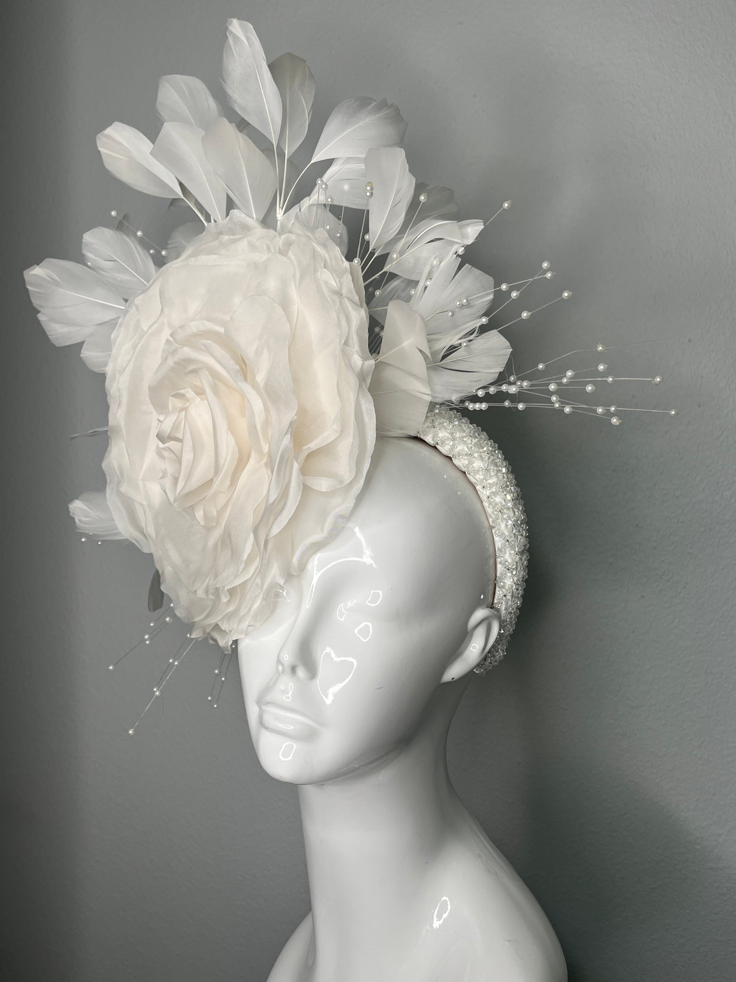 Oversized White Rose Fascinator with Feathers and Pearl Sprays Couture Derby or Wedding Headpiece