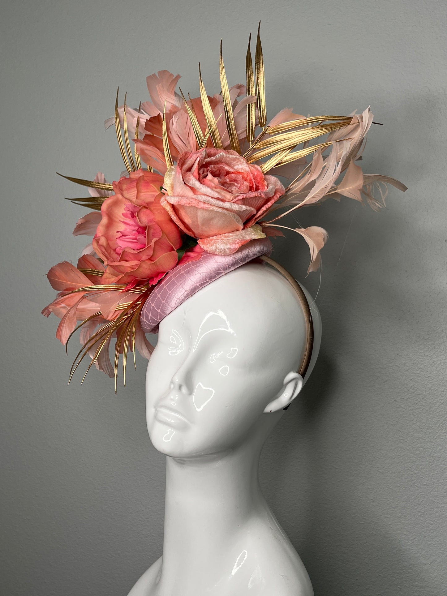 Coral Rose and Peony Fascinator with Gold Leaf Accents Elegant Derby or Wedding Headpiece