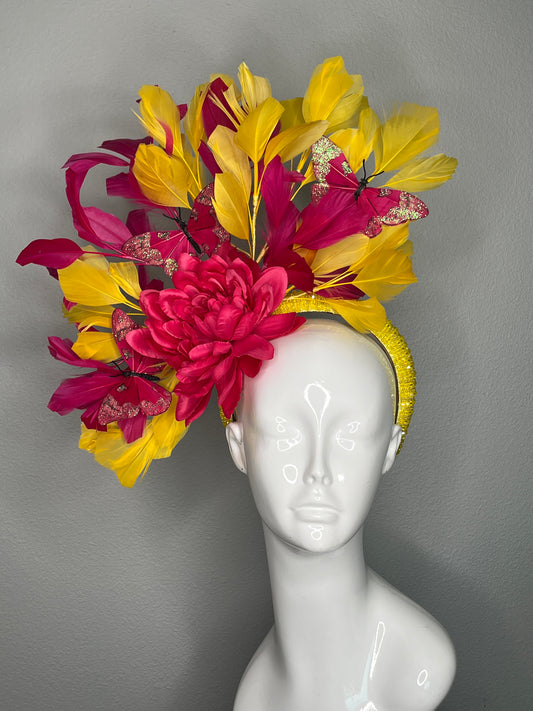 Hot Pink Flower and Butterfly Fascinator with Yellow Feather Spray – Bold Kentucky Derby Hat Headpiece