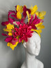Hot Pink Flower and Butterfly Fascinator with Yellow Feather Spray – Bold Kentucky Derby Hat Headpiece