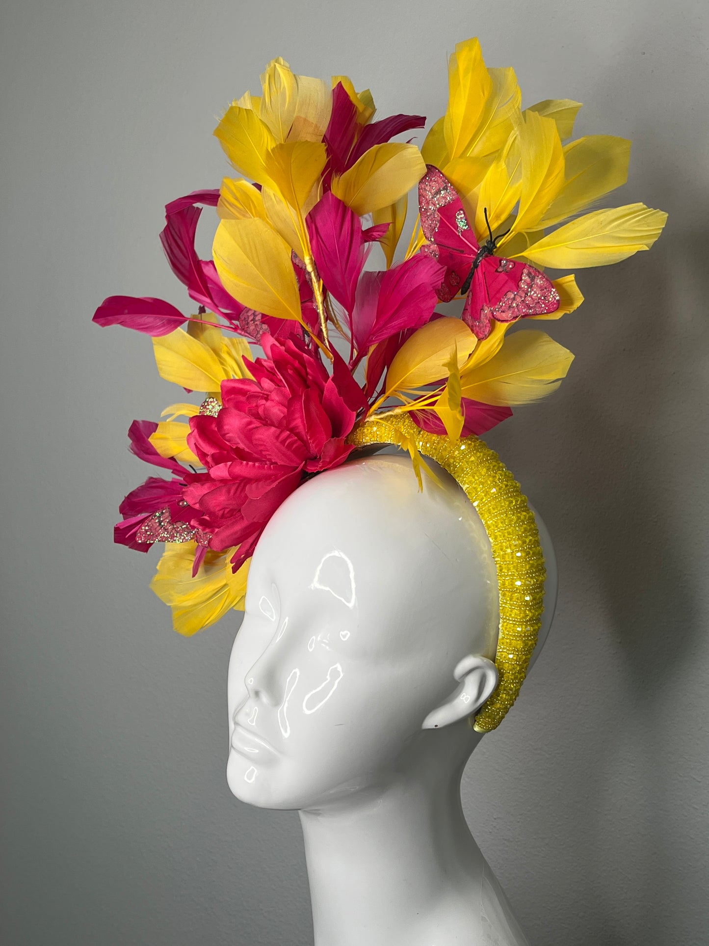 Hot Pink Flower and Butterfly Fascinator with Yellow Feather Spray – Bold Kentucky Derby Hat Headpiece