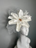 White Magnolia Fascinator with Glitter Accents and Mesh Loops – Elegant Derby or Wedding Headpiece