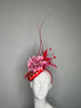 Red and Pink Flower Fascinator with Feather Sprays and Crystal Accents Couture Derby or Ascot Hat