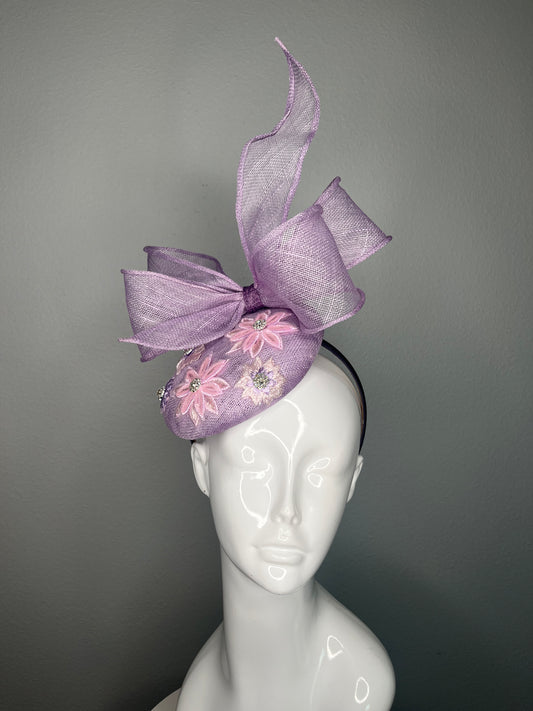 Lilac Blossom Bow Fascinator with Floral Embroidery and Rhinestone Detail