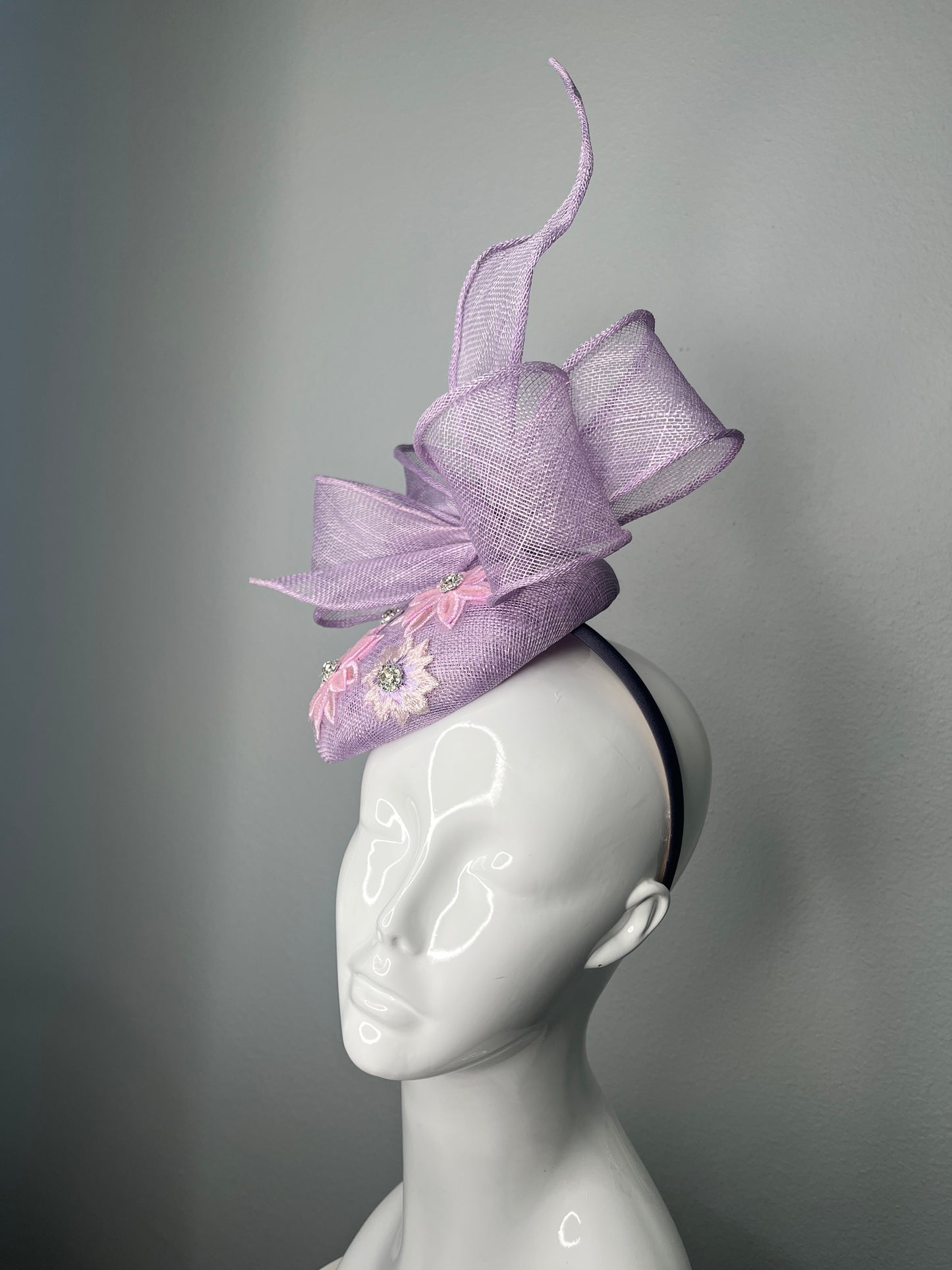 Lilac Blossom Bow Fascinator with Floral Embroidery and Rhinestone Detail