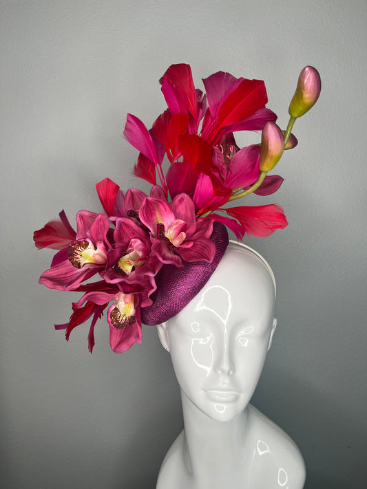 Hot Pink Orchid and Red Feather Statement Fascinator Hat