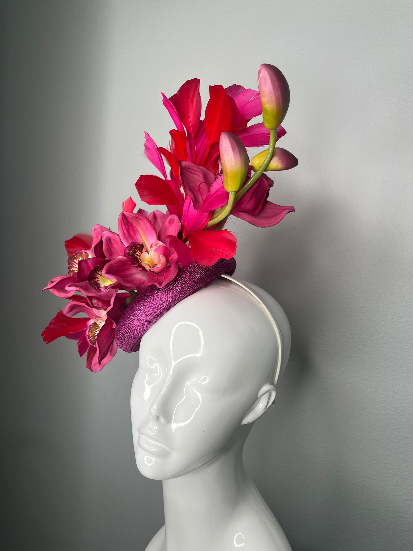 Hot Pink Orchid and Red Feather Statement Fascinator Hat
