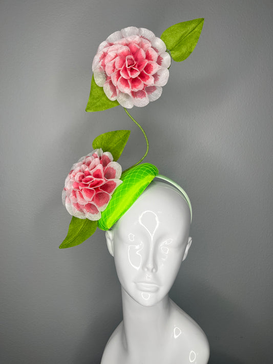 Blushing Pink and Green Camellia and Leaf Twist Fascinator