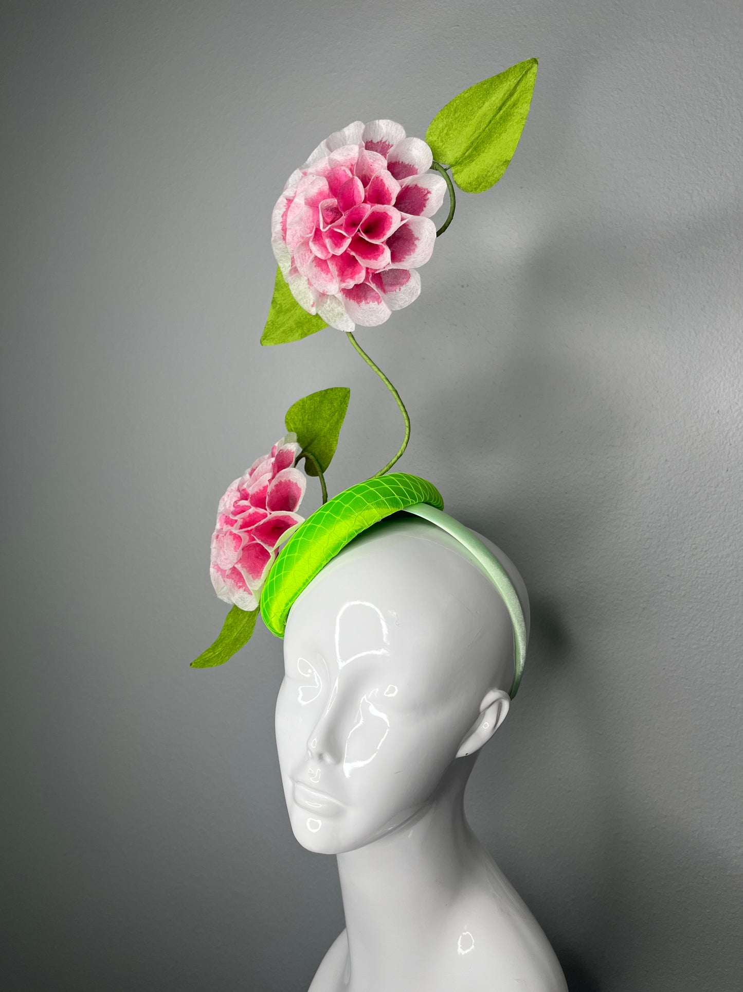 Blushing Pink and Green Camellia and Leaf Twist Fascinator