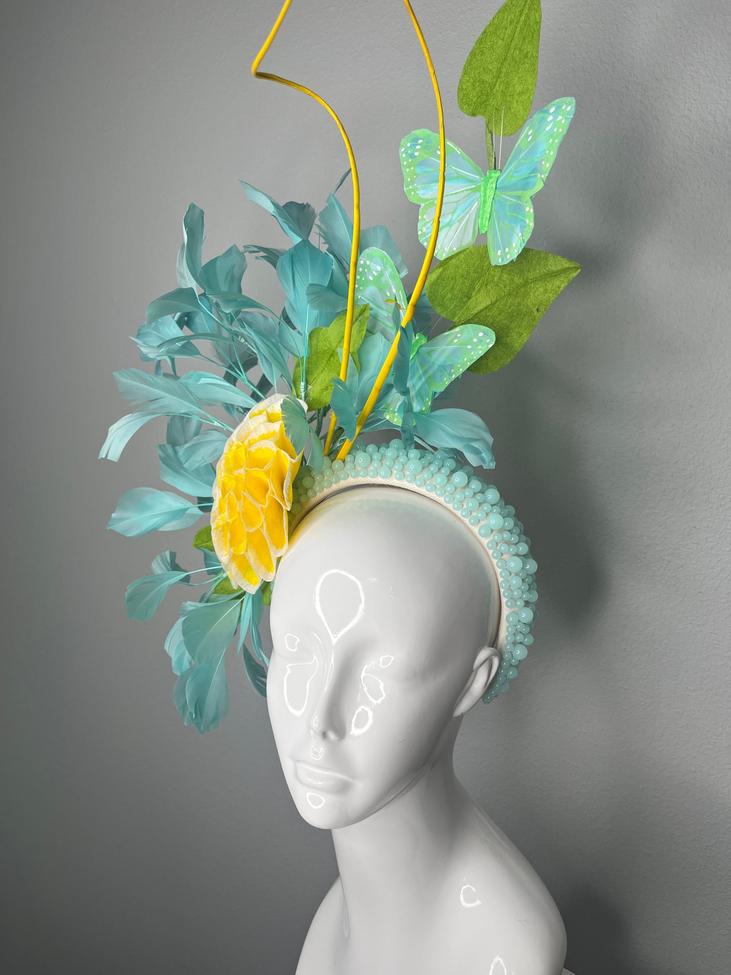 Aqua Garden Butterfly and Golden Bloom Feather Fascinator Hat