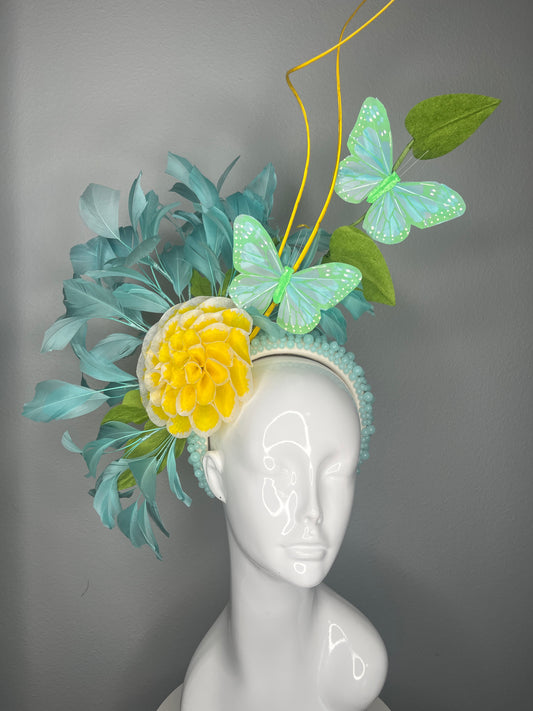 Aqua Garden Butterfly and Golden Bloom Feather Fascinator Hat