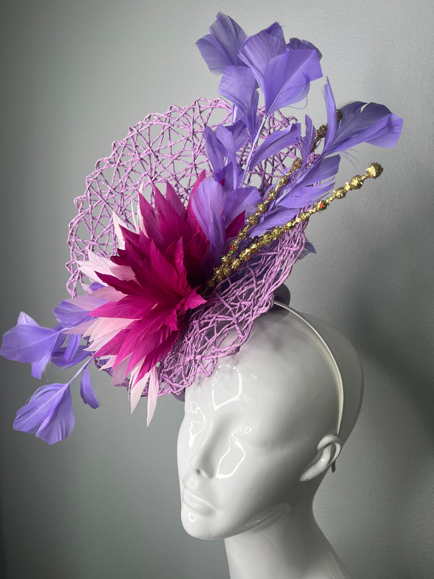 Plum, Lavender, Pink Feather Stardust Fascinator Hat