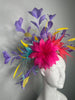 Purple, Yellow, Pink, Coral, Turquoise Carnival Bloom Feather Fascinator Hat