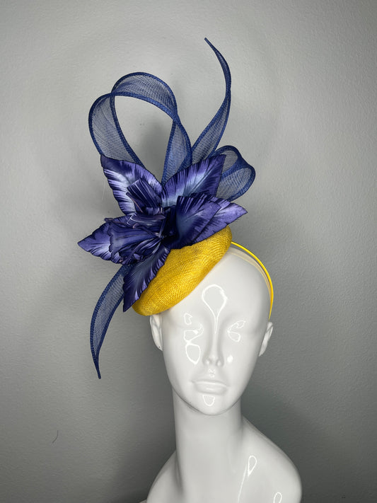 Navy and Yellow Sinamay Statement Headpiece Fascinator Hat
