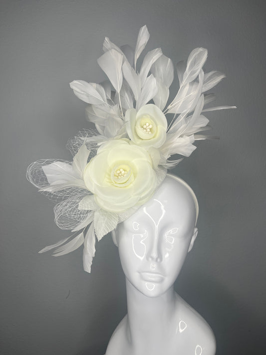 Elegant White Rose & Feather Fascinator Hat Timeless Derby and Wedding Headpiece