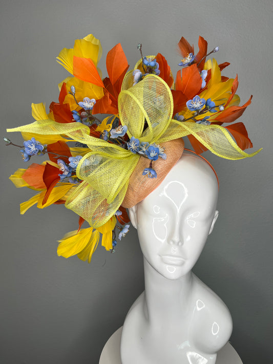 Yellow and Orange Sunshine Serenade with Blue Florals Fascinator Hat