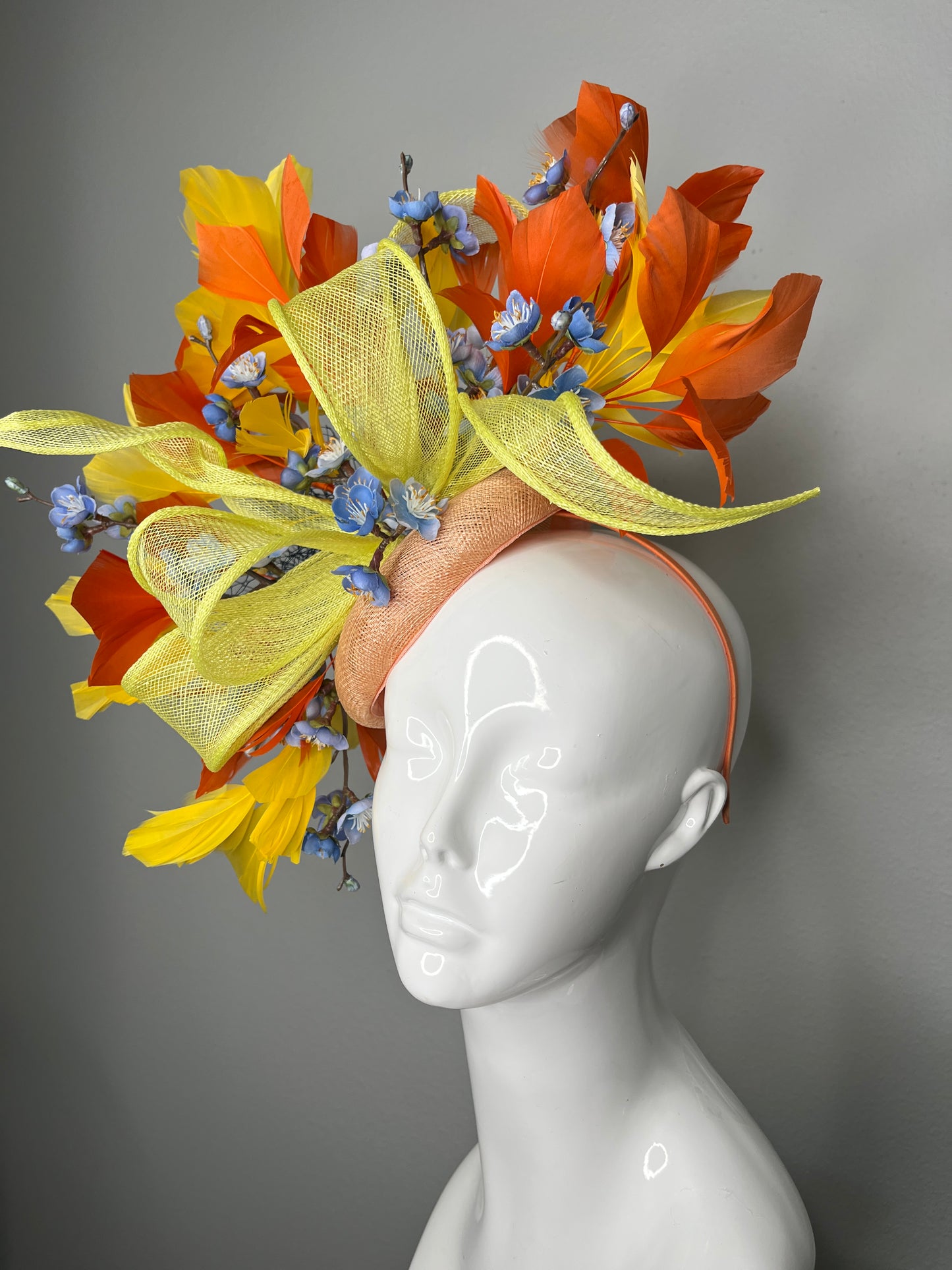 Yellow and Orange Sunshine Serenade with Blue Florals Fascinator Hat