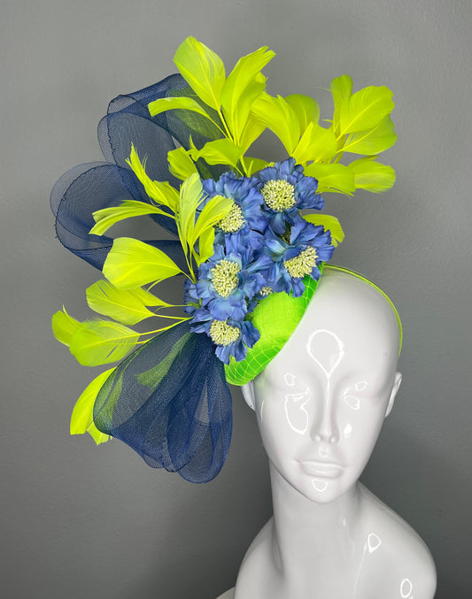 Electric Garden Yellow Feather Blue Crinoline Fascinator Hat