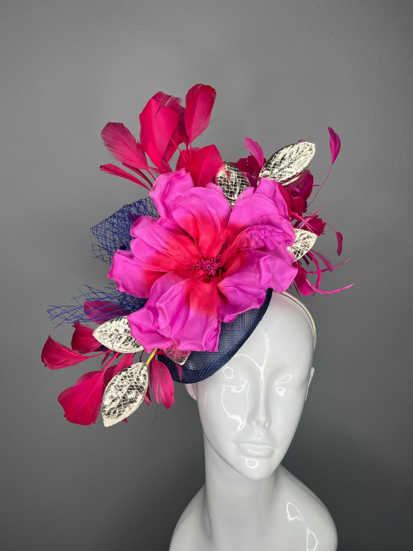Midnight Bloom Hot Pink and Magenta Fascinator with Navy Base and Gold Leaf Accents