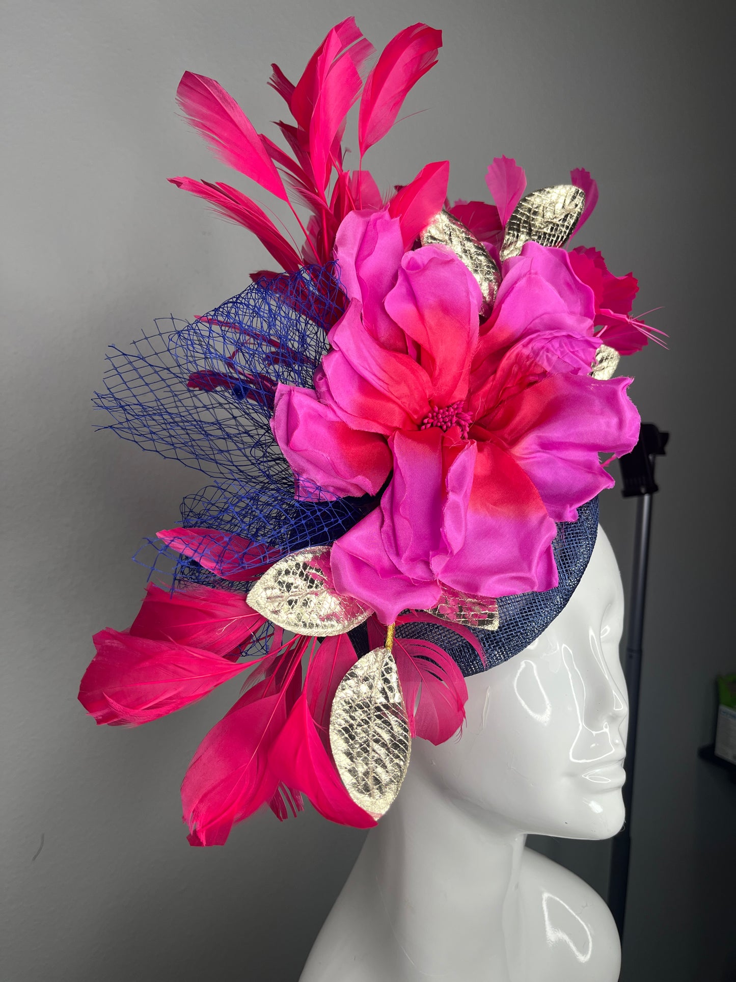 Midnight Bloom Hot Pink and Magenta Fascinator with Navy Base and Gold Leaf Accents