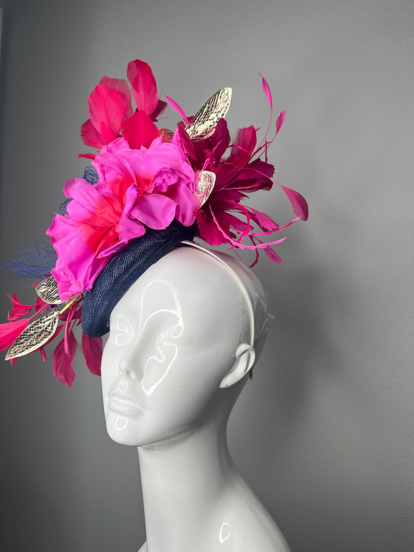 Midnight Bloom Hot Pink and Magenta Fascinator with Navy Base and Gold Leaf Accents