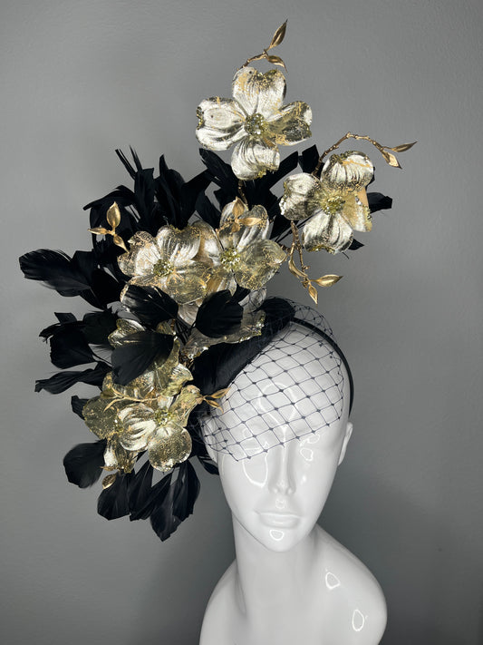 Black Midnight Bloom Black Feathers and Gold Florals Fascinator Hat