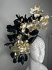 Black Midnight Bloom Black Feathers and Gold Florals Fascinator Hat