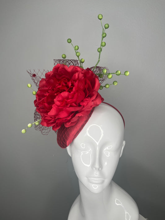 Crimson Bloom Couture Fascinator Hat with Green Berry Sprigs