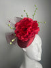 Crimson Bloom Couture Fascinator Hat with Green Berry Sprigs