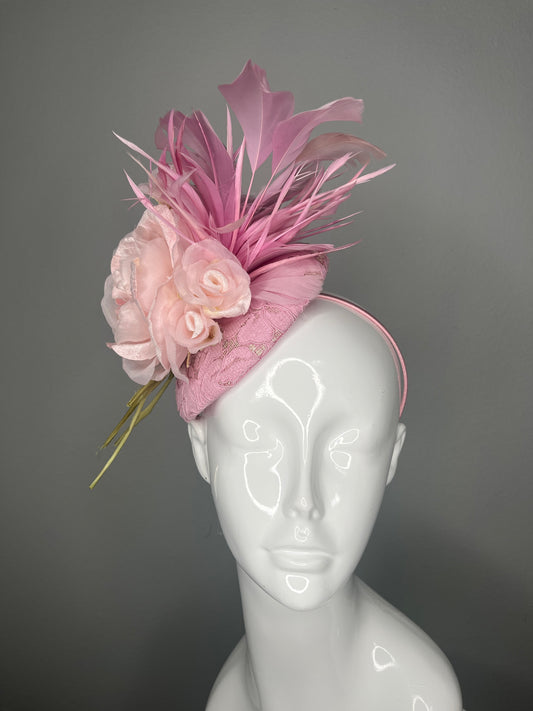 Blushing Rose Pink Feathers Lace Couture Fascinator Hat