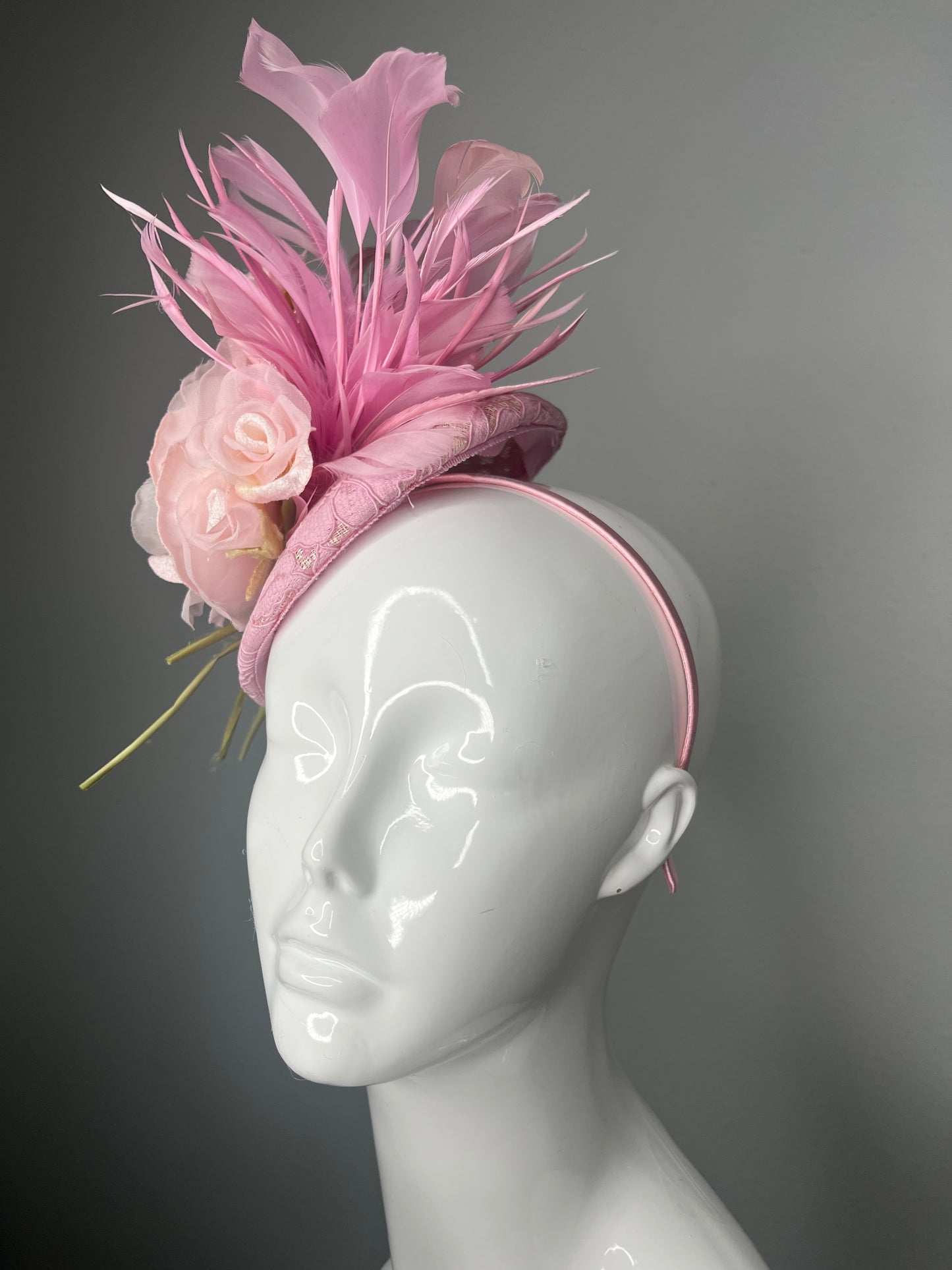 Blushing Rose Pink Feathers Lace Couture Fascinator Hat