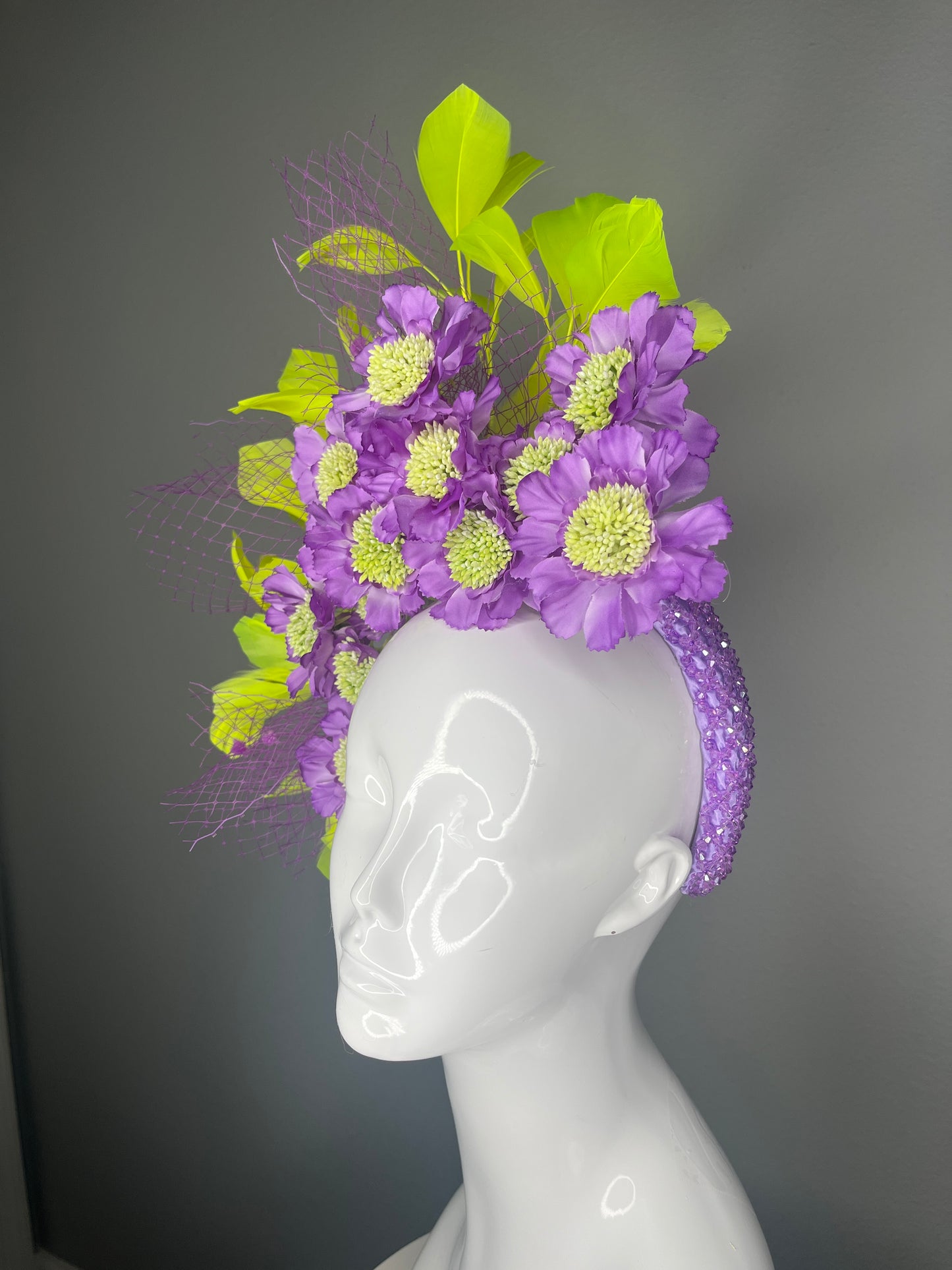Floral Reverie Couture Floral Crown in Violet and Chartreuse Fascinator Hat