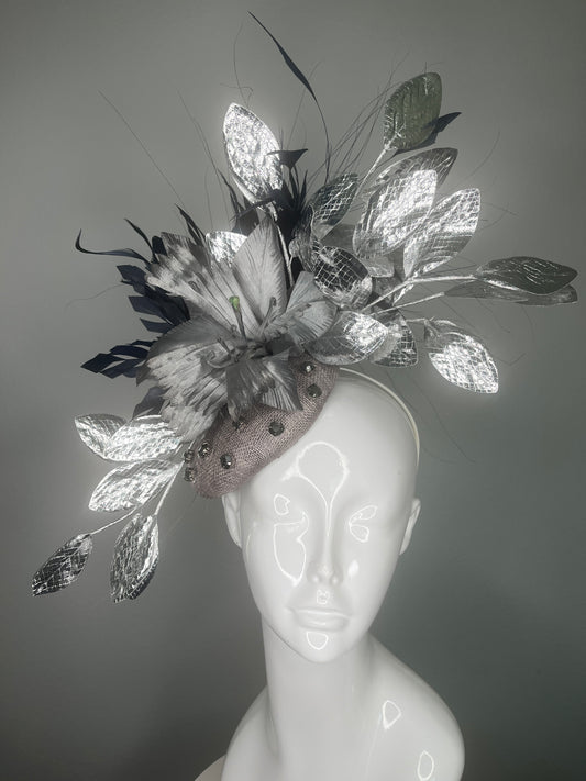 Midnight Metallic Reverie Navy Feathers Silver Leaves Gray Sinamay Base Fascinator Hat