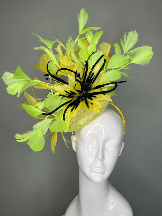Yellow and Green Feather Sinamay fascinator Hat