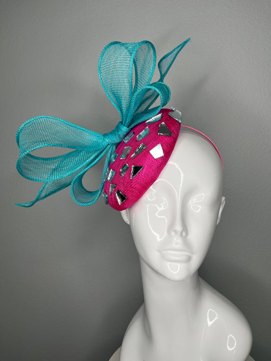 Bubblegum Luxe Pink and Turquoise Sinamay Fascinator Hat