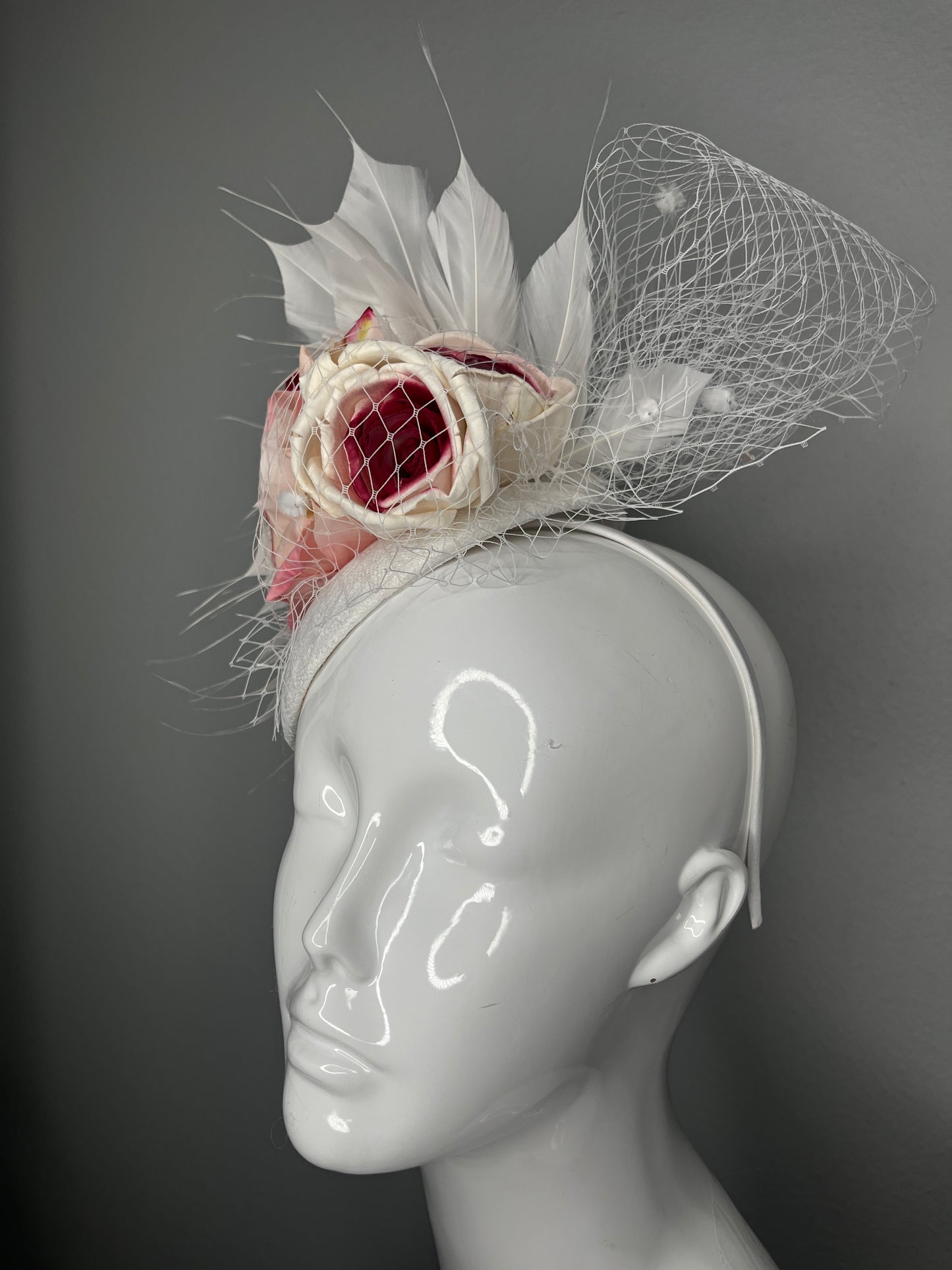 Blushing Petals Pink and White Roses Feather Fascinator Hat