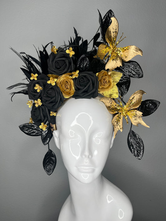Midnight Majesty Black and Gold Feather Fascinator Hat