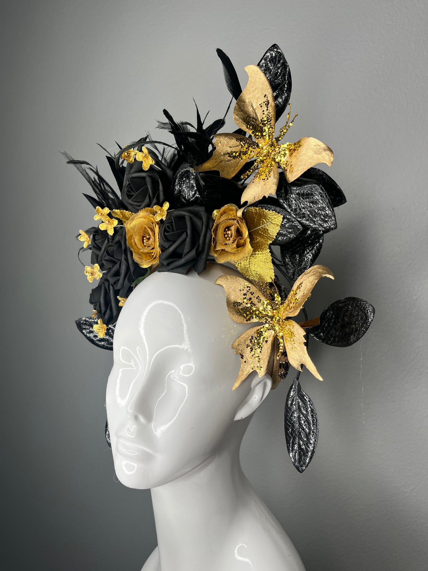 Midnight Majesty Black and Gold Feather Fascinator Hat