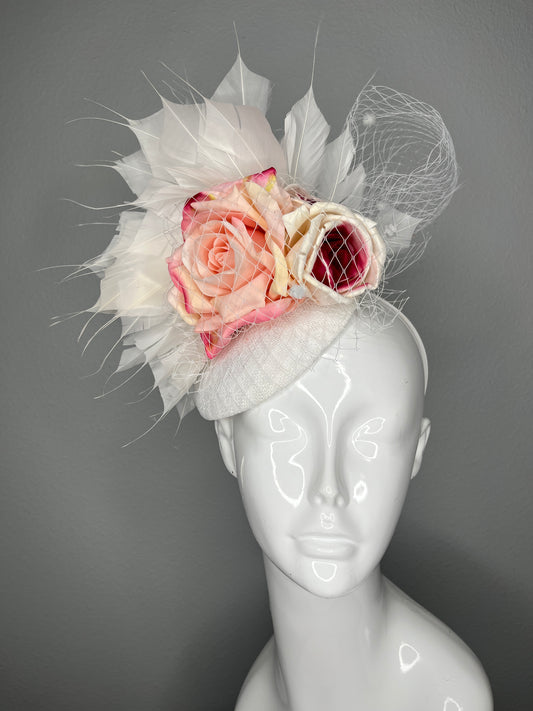 Blushing Petals Pink and White Roses Feather Fascinator Hat