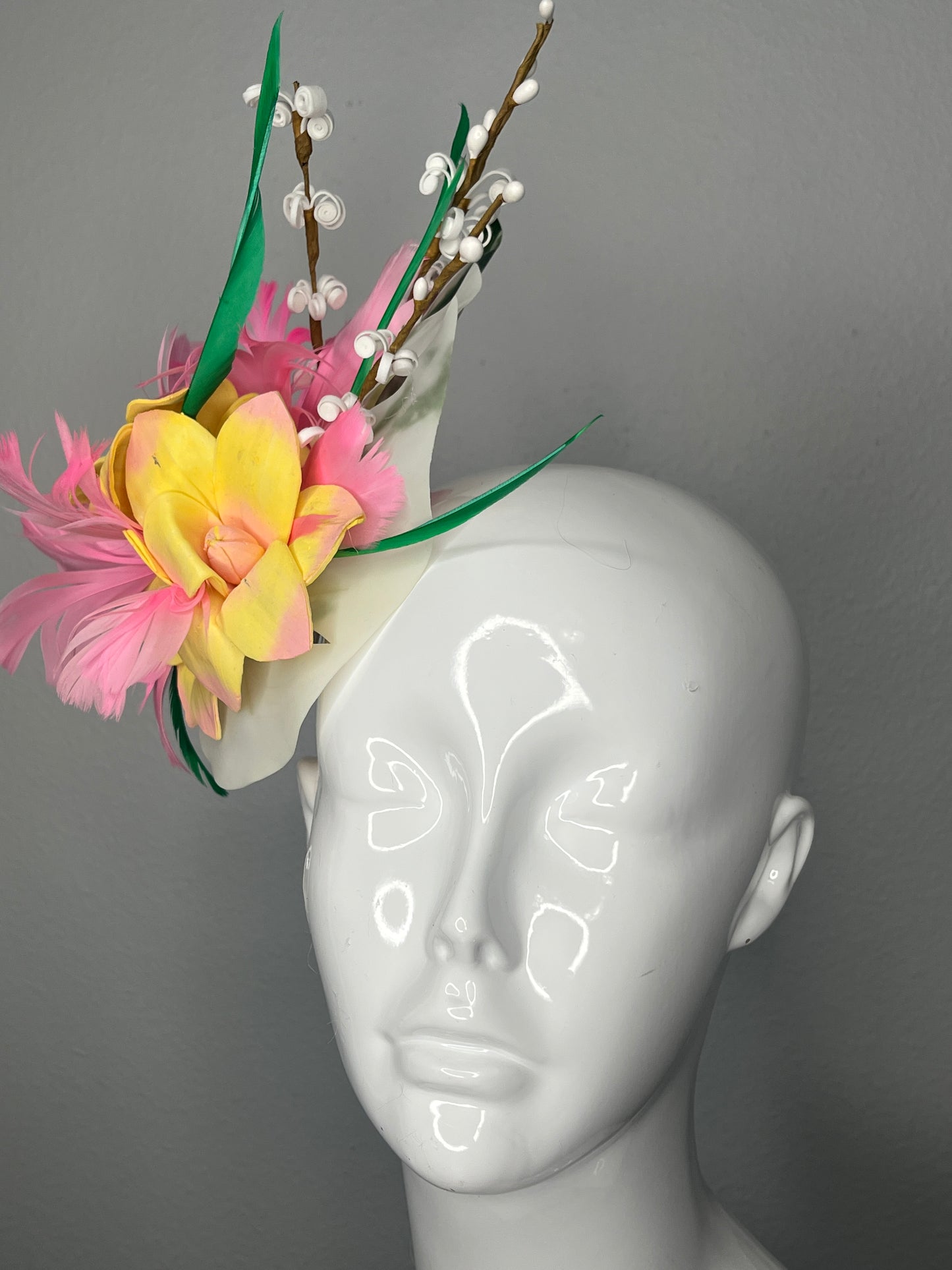 Tropic Bloom Pink and Yellow Tiki Feather Fascinator Headband or Clip