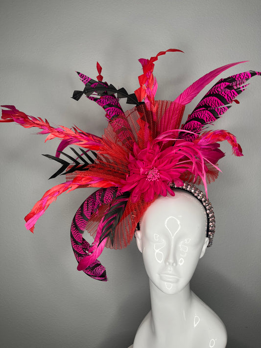 Red Pink Black Crimson Eclipse Feather Fascinator