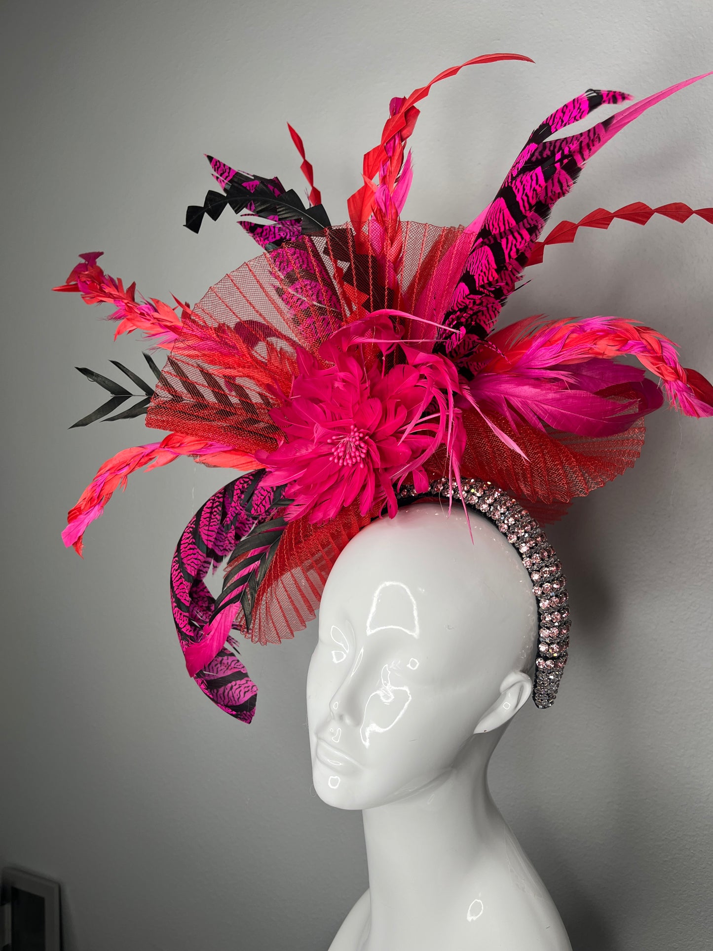 Red Pink Black Crimson Eclipse Feather Fascinator
