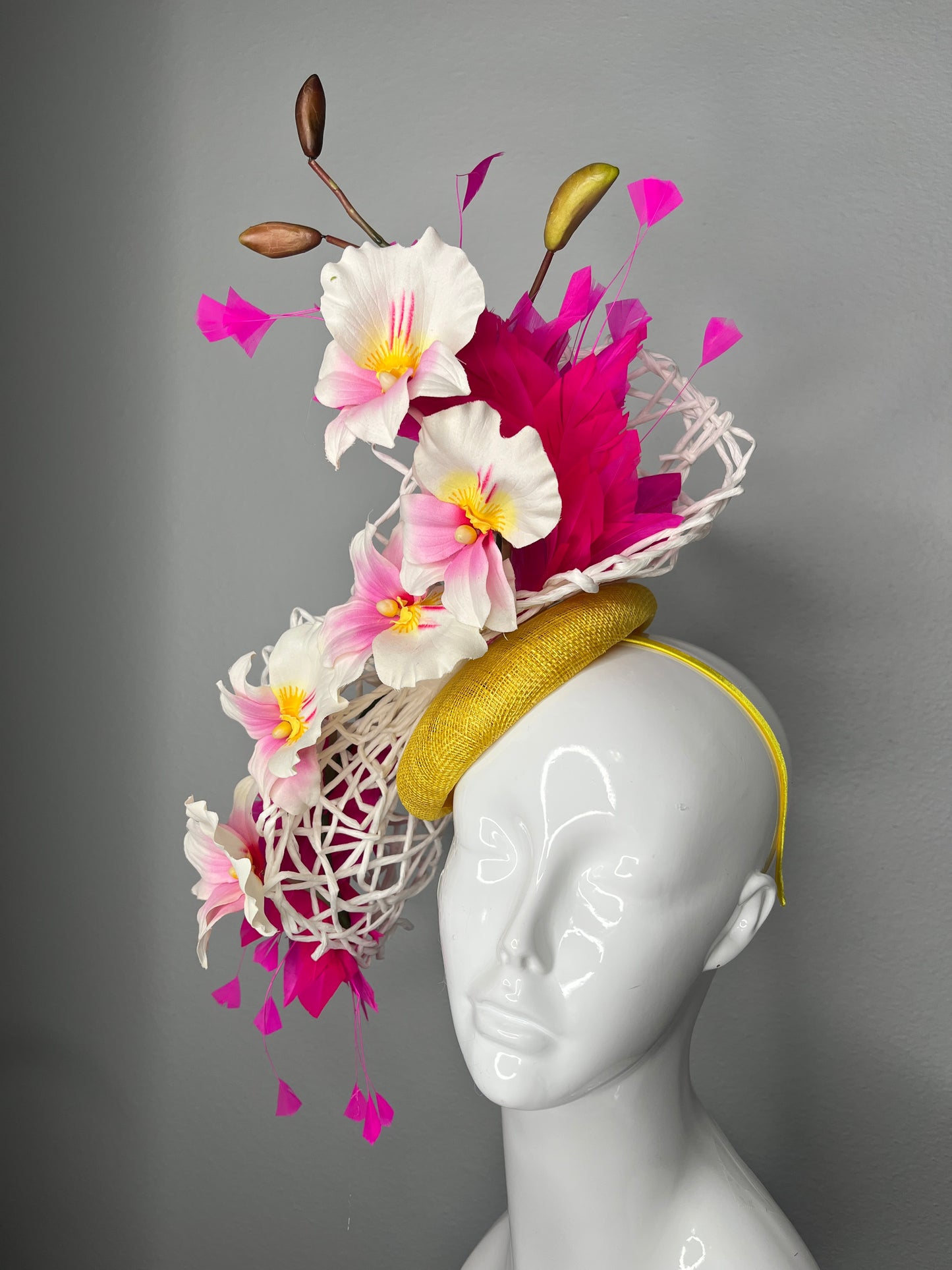 White and Pink Orchid with Hot Pink Feathers and Yellow Sinamay Fascinator Hat