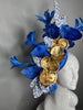 Royal Blue and Gold Fascinator with Velvet Leaves Porcelain Print Accents and Gold Orchids Fasciantor Hat