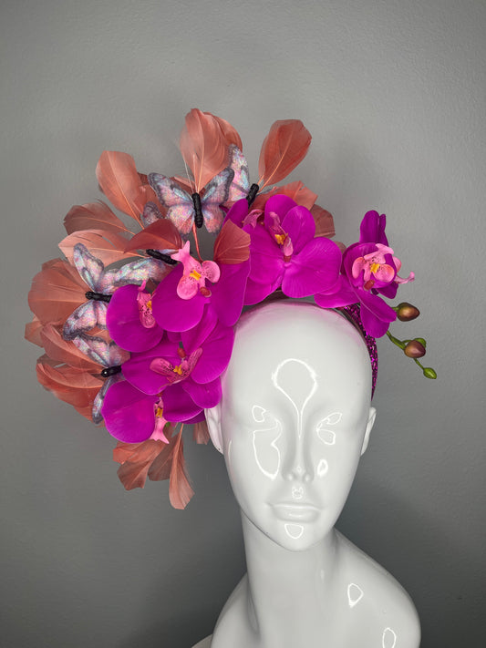 Coral Feathers and Fuchsia Orchid Butterfly Fascinator Hat