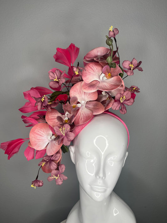 Blush and Hibiscus Bloom Pink Feathers Fascinator Hat