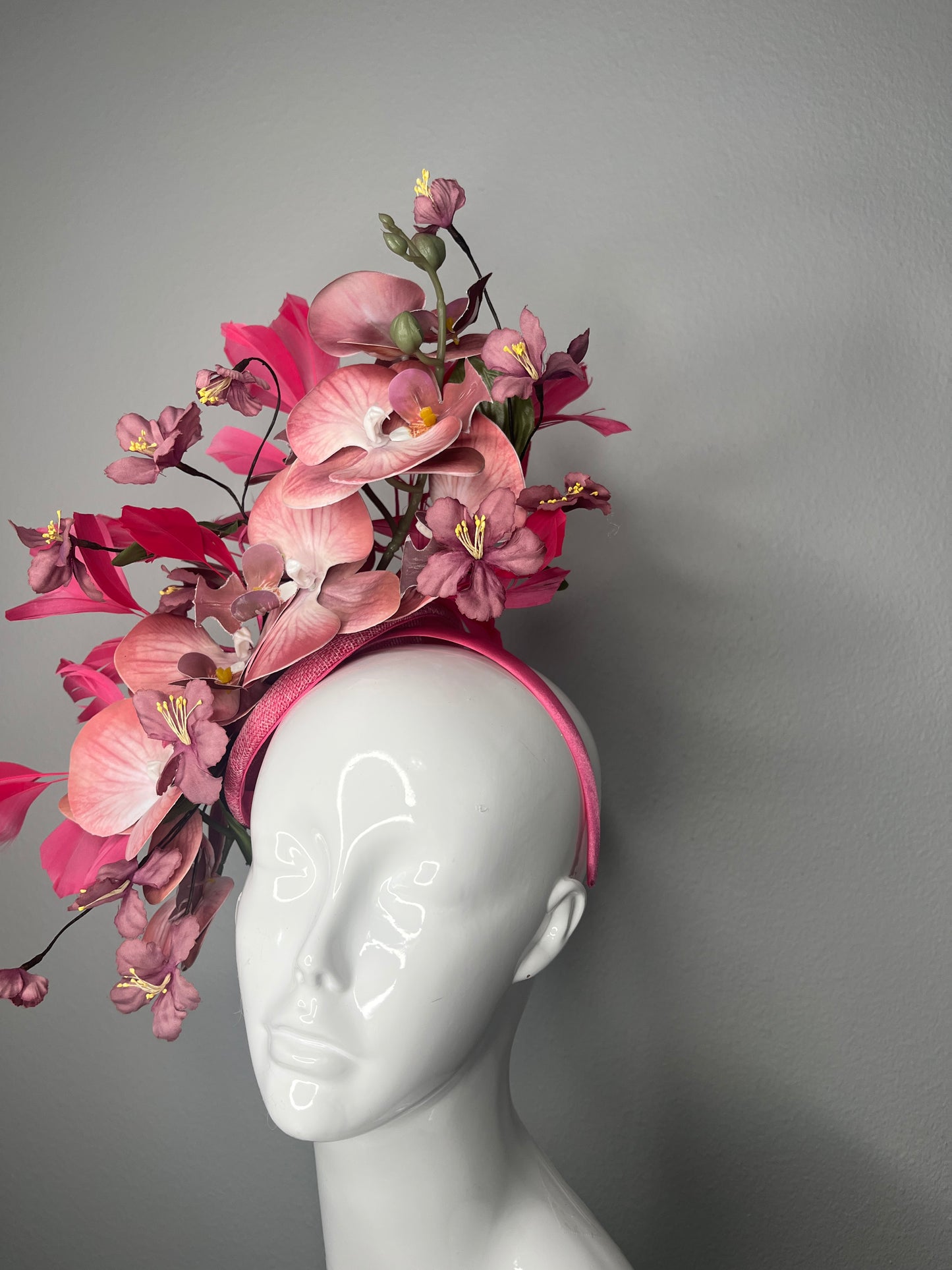 Blush and Hibiscus Bloom Pink Feathers Fascinator Hat