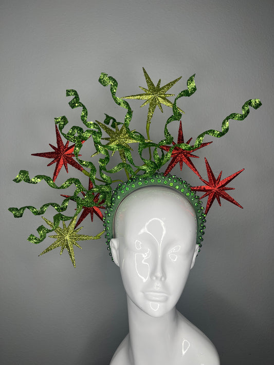 Starlight Celebration Red and Green Holiday Fascinator Hat