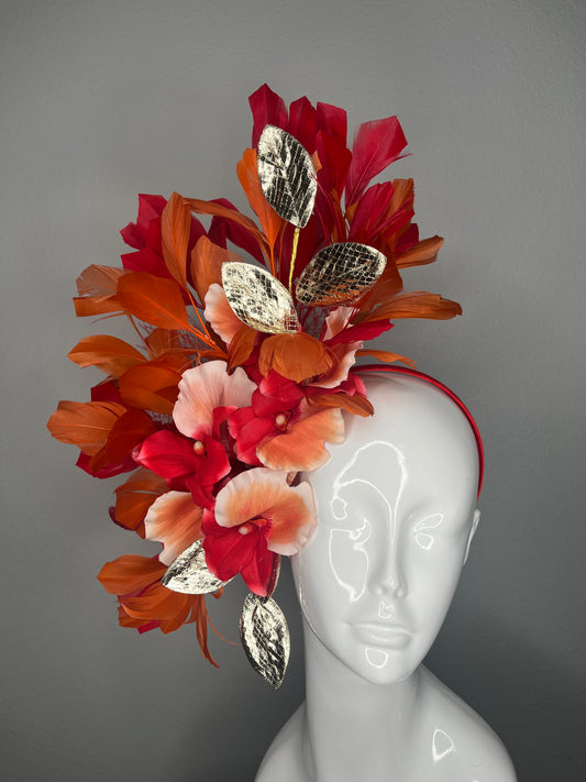 Red and Orange Feather Fascinator with Gold Leaves and Blooms